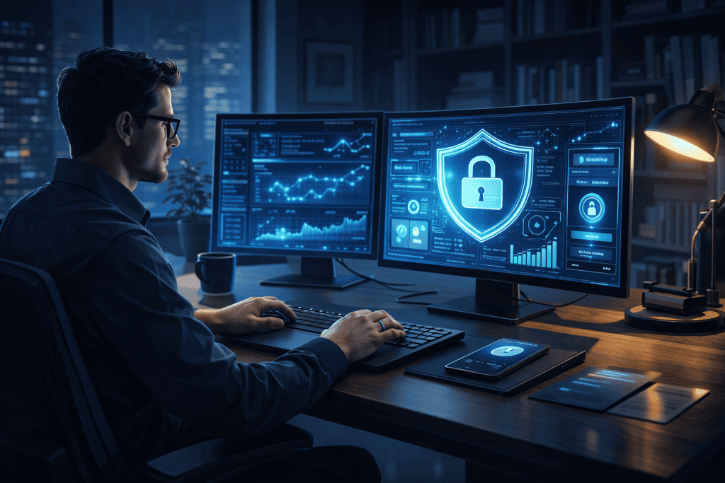 Remote worker in home office with glowing cybersecurity dashboard
