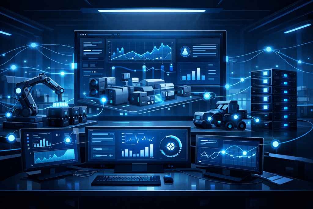 Smart factory dashboard with sensors, edge servers, and live IoT analytics