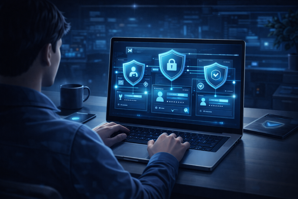 Person securing online accounts on laptop with glowing shield icons
