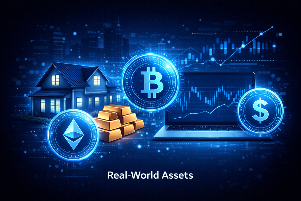 Real World Assets with digital tokens, gold, house, and charts