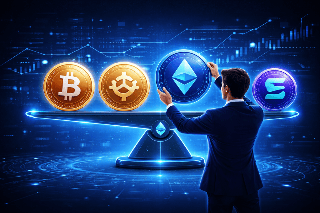 Person balancing crypto coins on a futuristic crypto profile diversification dashboard