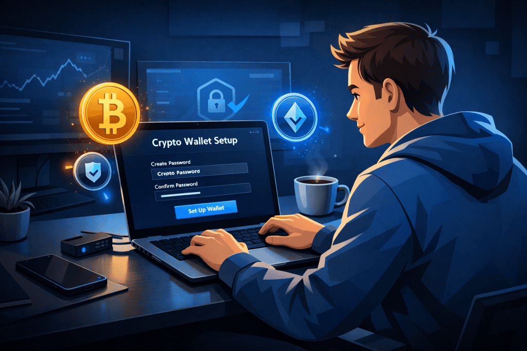 Beginner setting up cryptocurrency wallet on laptop in secure blue workspace