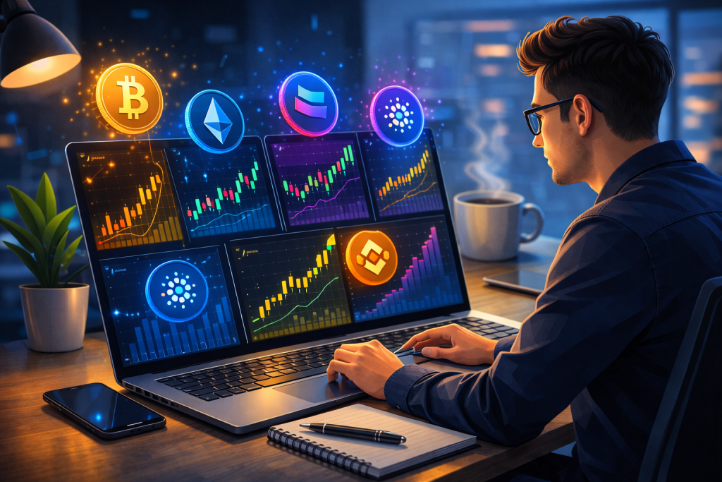Investor studying colorful alternative coins charts on laptop in modern workspace