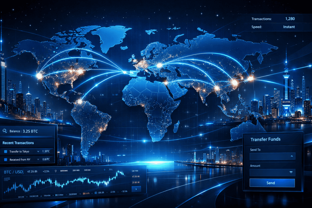 Cryptocurrency dashboard with fast cross-border payments linking cities at night