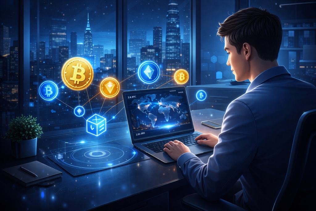 Beginner investor using crypto dashboard with glowing coins and laptop