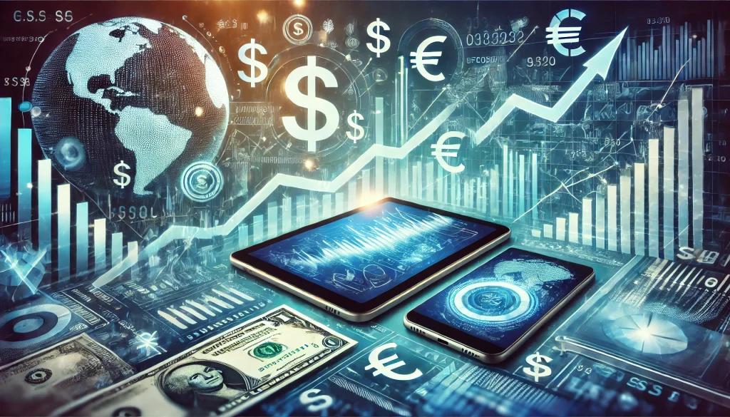 Use currency symbols, graphs, and digital devices to create dynamic images of inflationary issues and technological advancements.