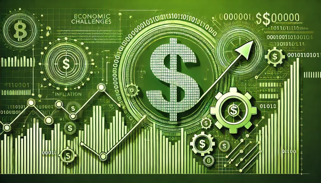 Green-themed illustration depicting the problem of inflation with an ascending graph, digital elements, and technology symbols.