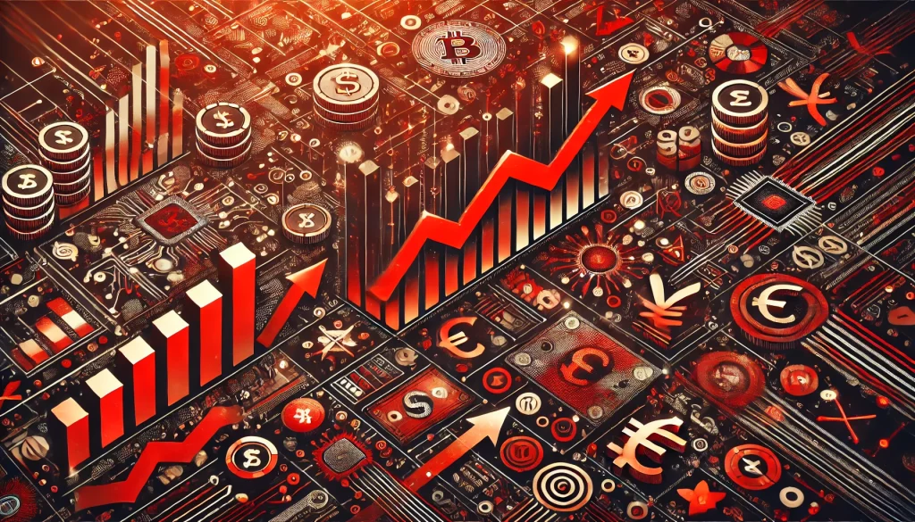 A red-themed image depicting the problem of inflation with a rising graph, currency symbols, and digital technology motifs, symbolizing the intersection of economic issues and new technology.