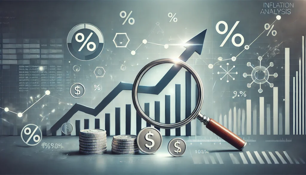 An illustration of an inflation analysis with a magnifying glass highlighting a rising graph surrounded by money and percent icons.