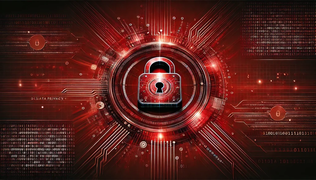 A red-themed image that illustrates data privacy with a central digital lock surrounded by abstract data streams and binary code.