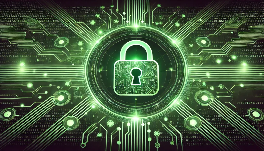 A green themed image with a glowing padlock symbol surrounded by digital circuits and binary code representing data privacy.