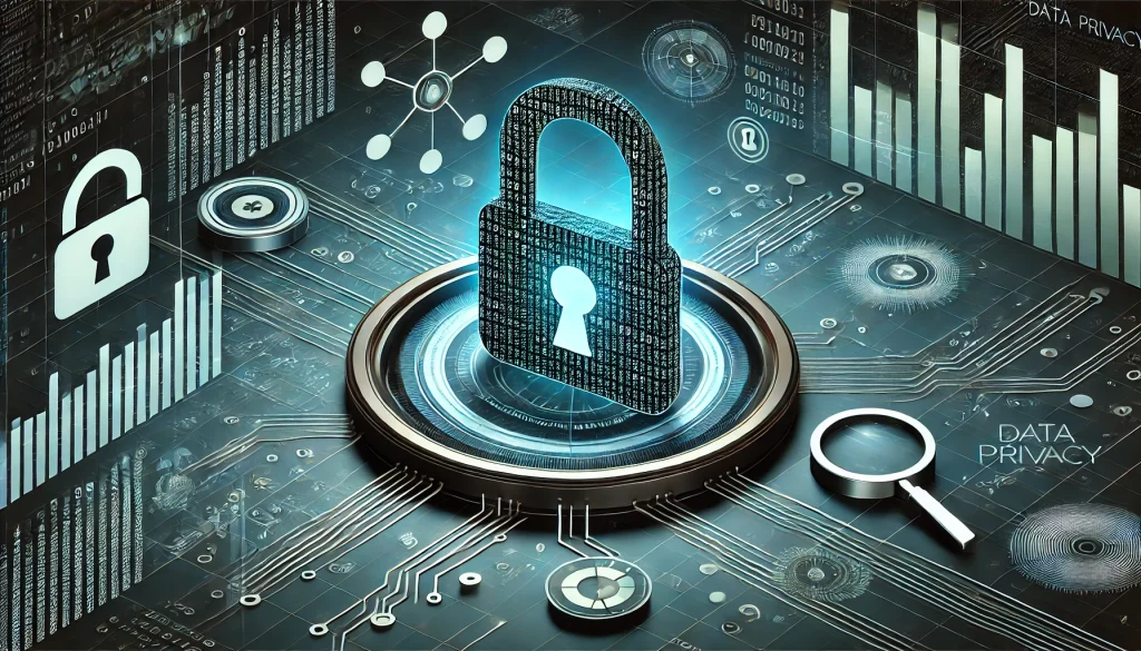 An illustration of a padlock made of binary code surrounded by a graph and magnifying glass icon symbolizing data privacy analysis.