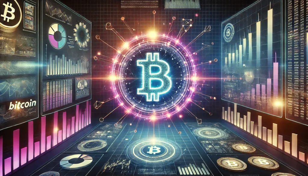 A futuristic digital scene with a glowing Bitcoin symbol and blockchain connections symbolizing the cryptocurrency in 2024.