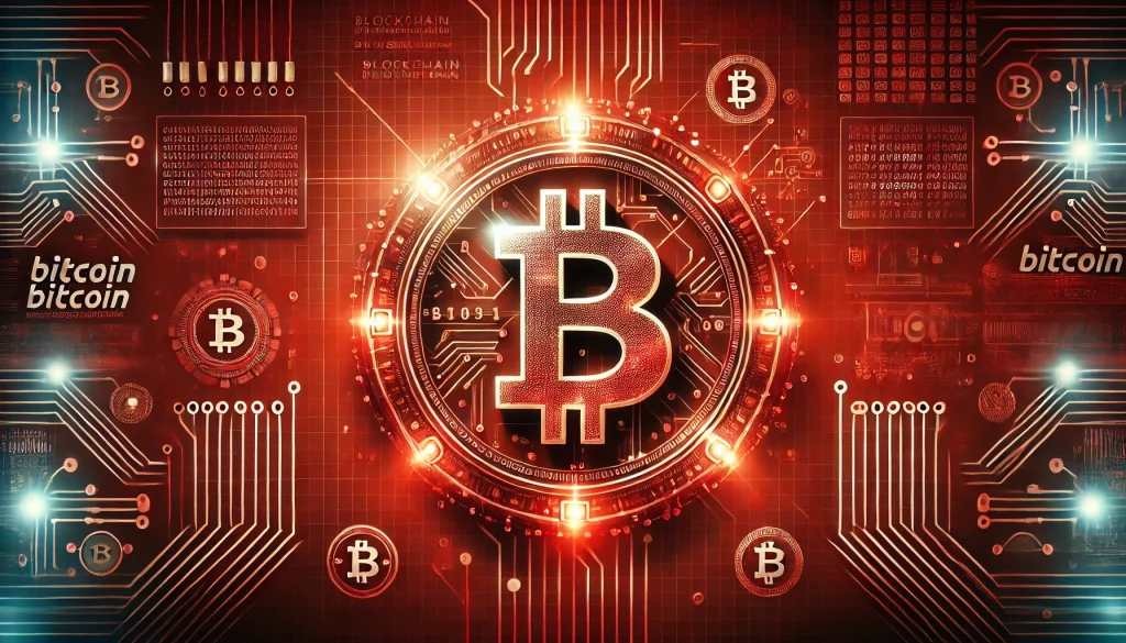 A red-themed cryptocurrency image with a glowing bitcoin symbol and digital code.