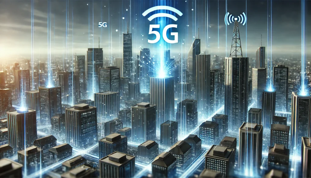 5G 네트워크 신호가 공중에서 보이고, 건물 사이로 디지털 데이터 스트림이 흐르는 미래형 도시