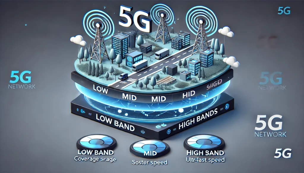 5G 네트워크 계층의 디지털 일러스트레이션: 저대역, 중대역, 고대역의 커버리지 영역과 속도를 시각적으로 표현한 그림입니다.