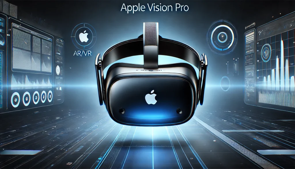 매끄러운 혼합 현실 경험을 위한 세련된 디자인과 첨단 기술을 선보이는 Apple Vision Pro AR/VR 헤드셋의 이미지입니다.