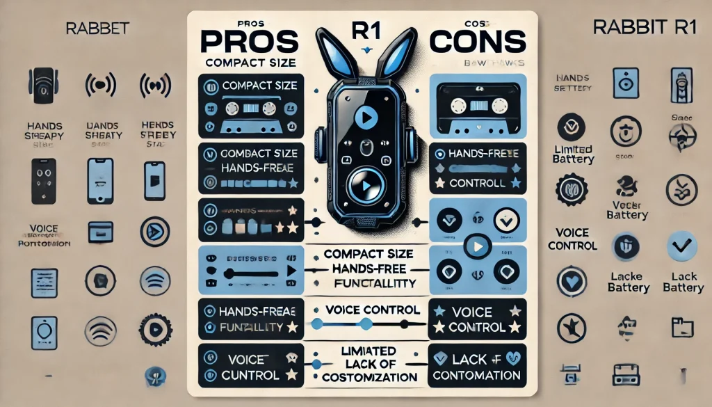 A pros and cons table comparing the benefits and drawbacks of Rabbit R1, highlighting its strengths and limitations