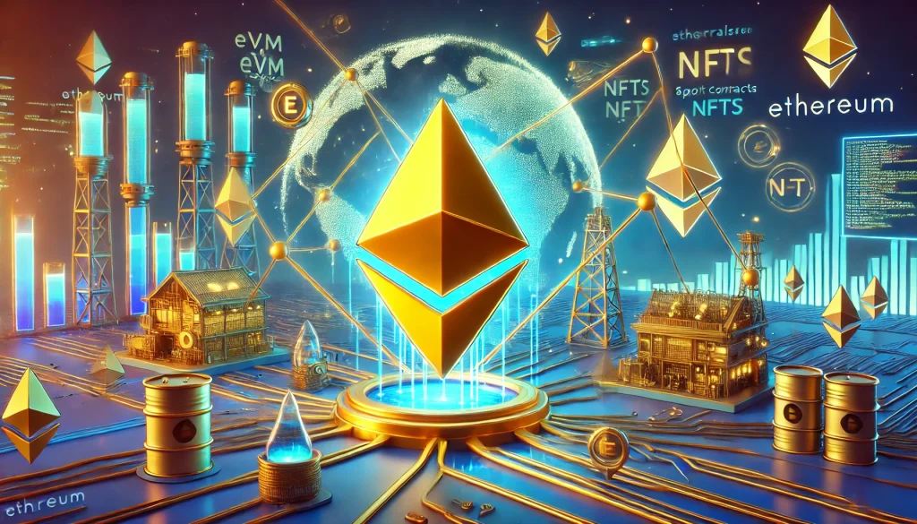 Animated image of Ethereum as 'digital oil,' fueling DeFi, NFTs, and smart contracts