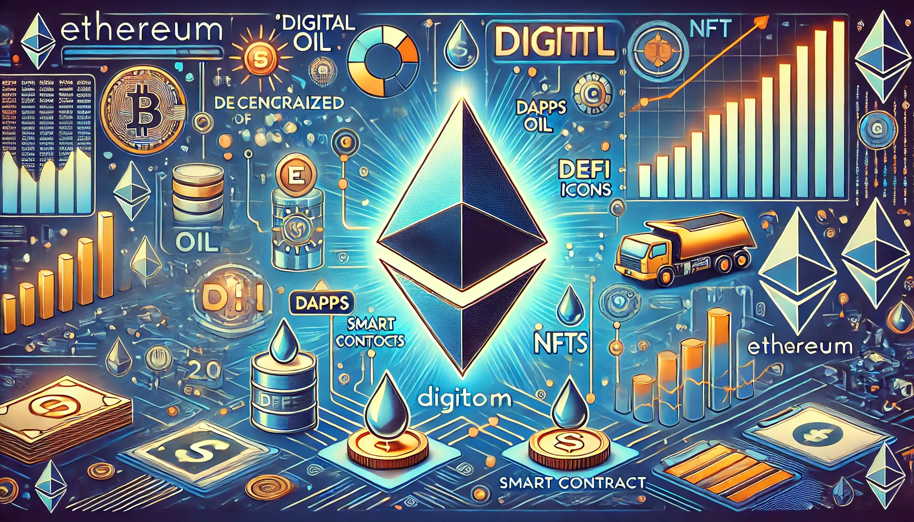 Animated image of Ethereum as 'digital oil,' supporting dApps, DeFi, and NFTs growth