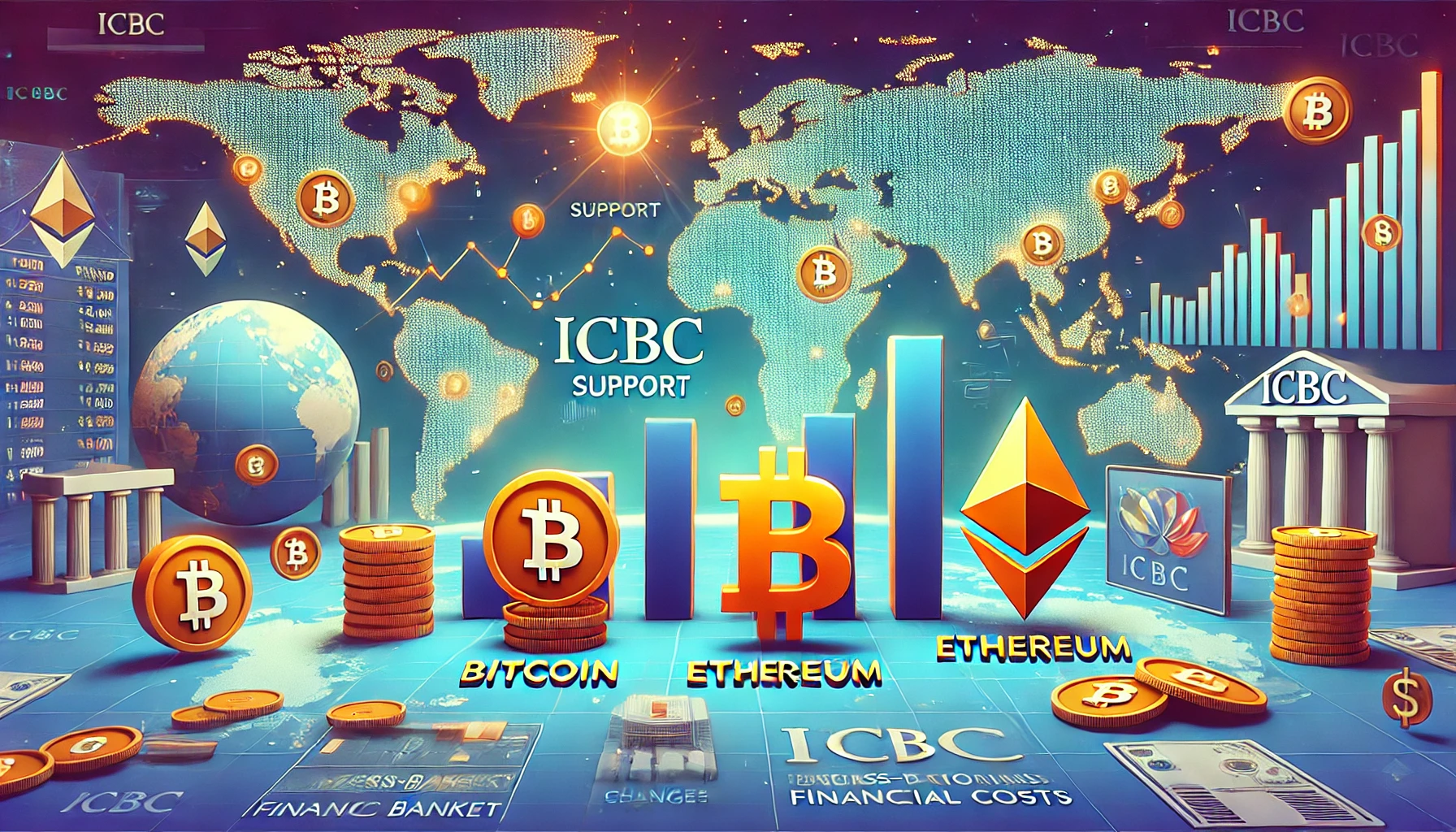 Animated image showing ICBC backing Bitcoin, Ethereum, impacting global finance and market optimism