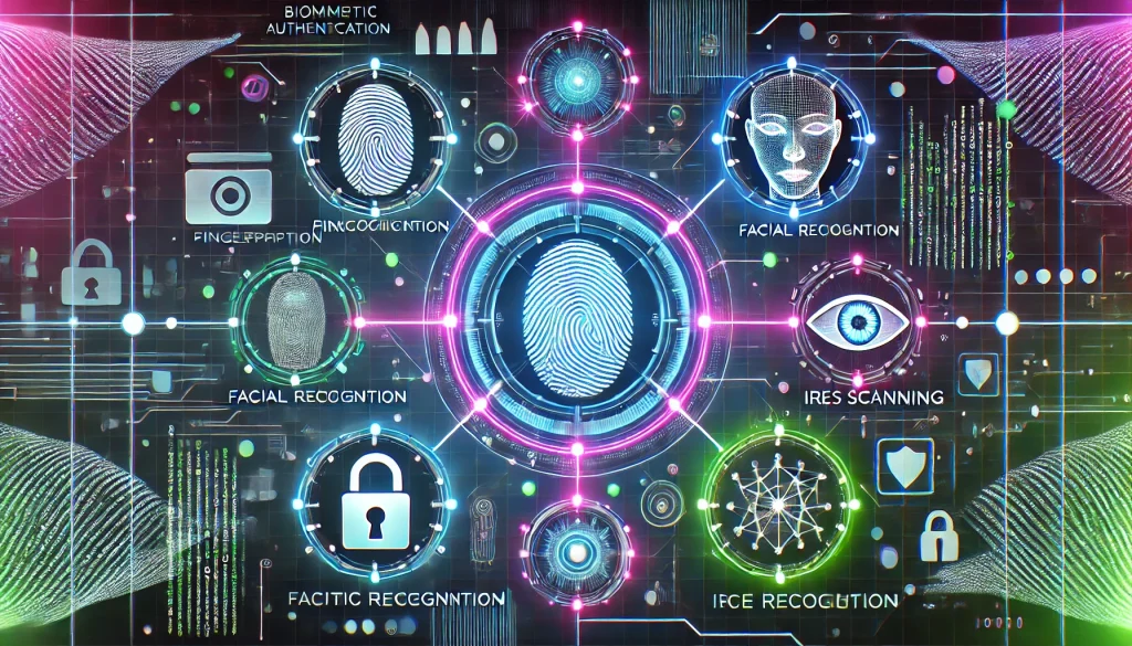  Illustration of biometric authentication methods, including fingerprint recognition, facial recognition, iris scanning, and voice recognition, highlighting their role in modern cybersecurity