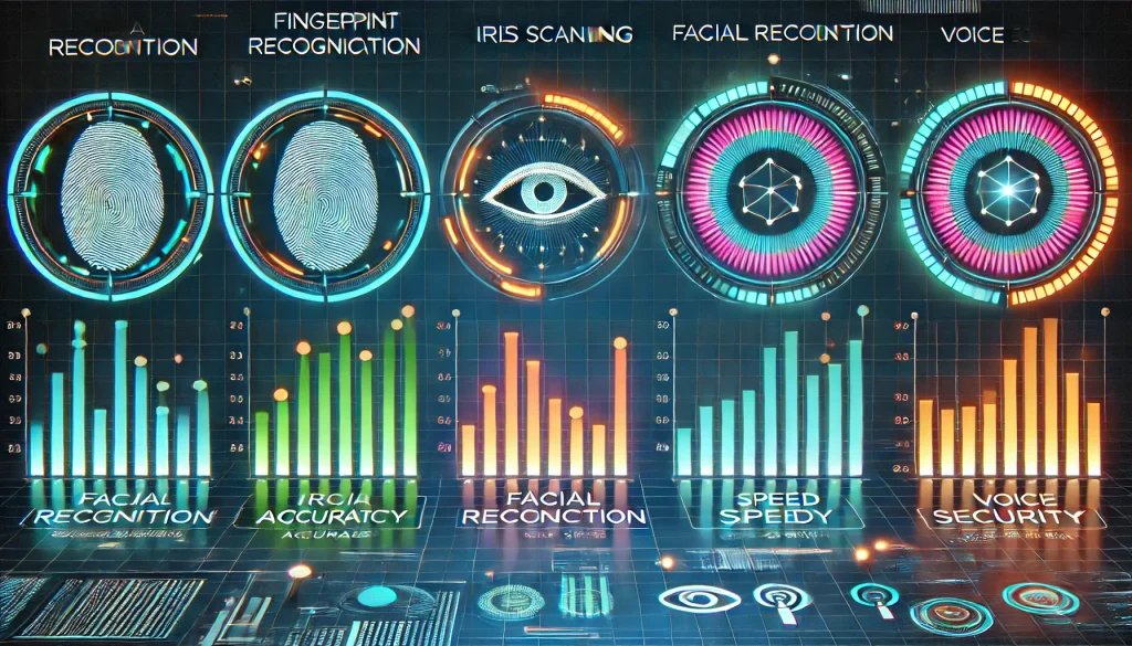 Diagram showing the performance metrics of different biometric authentication methods, such as fingerprint and iris scanning, compared to facial and voice recognition