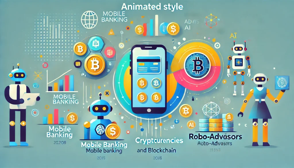 Infographic showcasing various sectors of Fintech, including mobile banking, cryptocurrencies, and robo-advisors