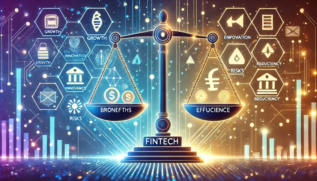 Scale balancing benefits and challenges of Fintech, symbolizing its pros and cons