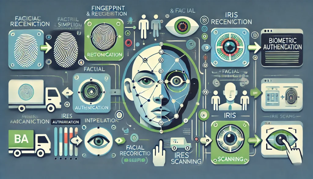 Infographic depicting the implementation and integration process of BA systems in existing frameworks, focusing on the ease of use for fingerprint and facial recognition versus the complexity of iris scanning