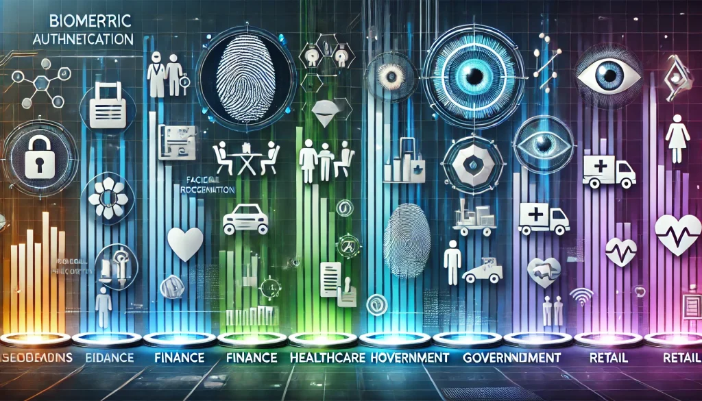 Chart illustrating the adoption of biometric authentication across industries like finance, healthcare, government, and retail, emphasizing their application for security and convenience