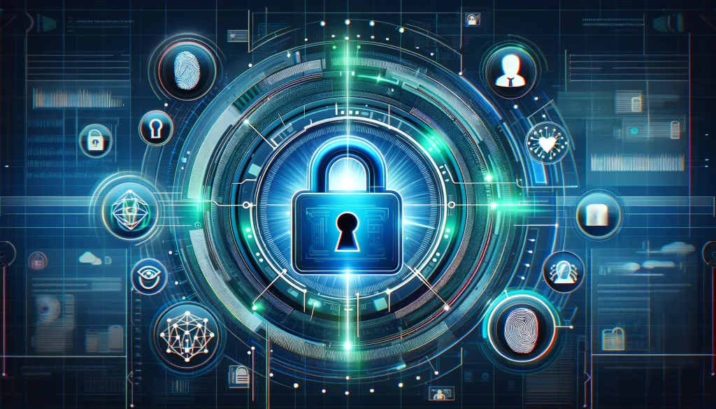 Conceptual image of a digital lock symbolizing biometric security, with icons of various biometric methods like fingerprint, face, and iris, reinforcing the importance of these technologies in modern cybersecurity