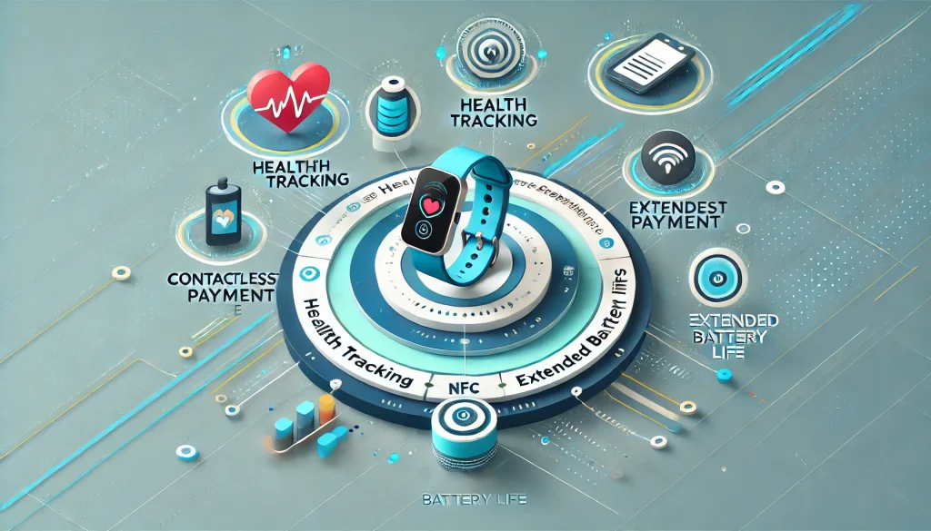 Infographic of the product features, including health tracking, NFC payments, and extended battery life