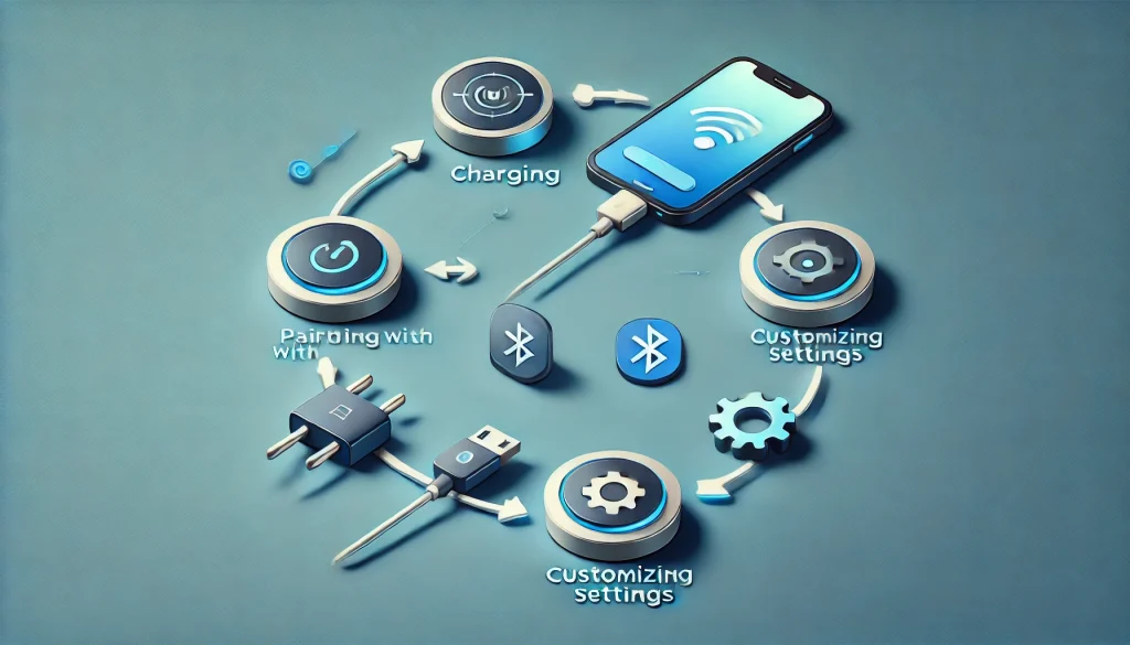 Diagram showing the setup process of the product: charging, pairing with a device, and customizing settings