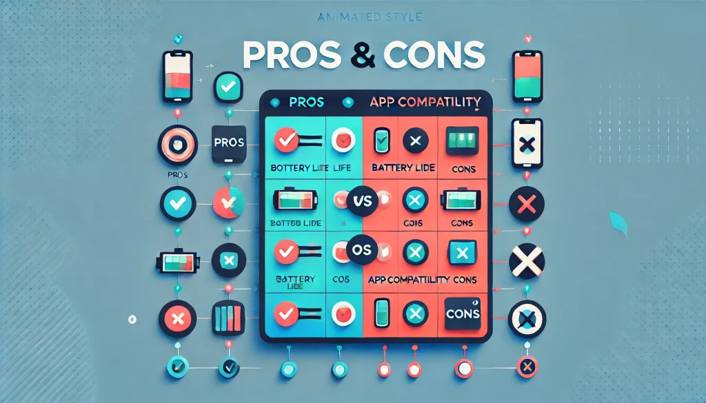 Comparison chart of the product pros and cons, highlighting features like battery life and app compatibility