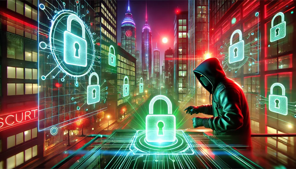 A cybercriminal in a futuristic city, breaking into a secure digital vault, holographic locks and security layers being bypassed, background of tall neon skyscrapers, green and red lights reflecting on metallic surfaces, strong highlights, and dramatic shadows, hd quality