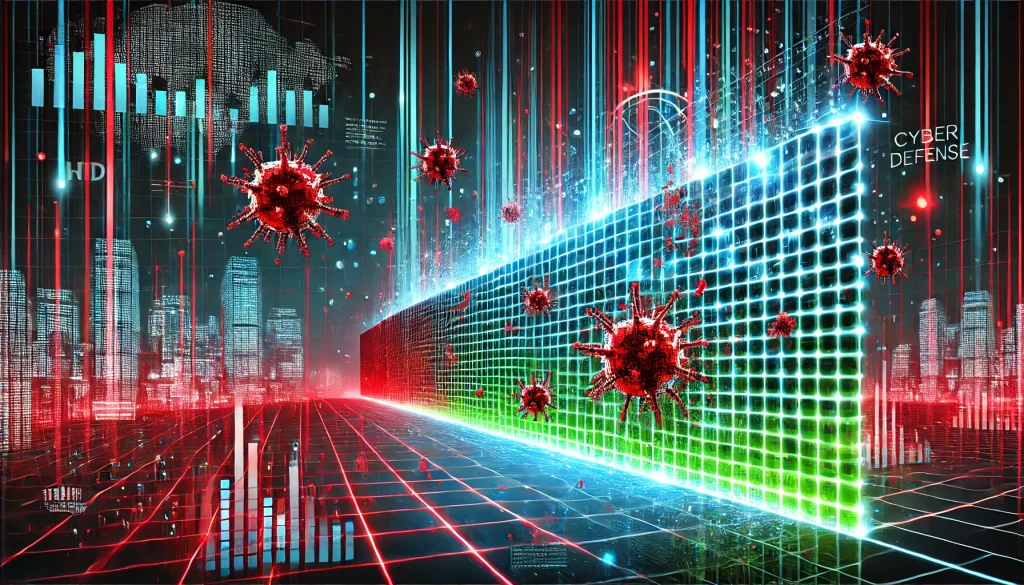 A high-tech cyber defense wall represented as a glowing grid of blue and green, under attack by red glitchy pixelated viruses, background of a futuristic city skyline, holographic data streams flying across. The viruses crash into the defense wall, creating ripple effects, strong lighting and color contrast, sleek futuristic design, hd quality