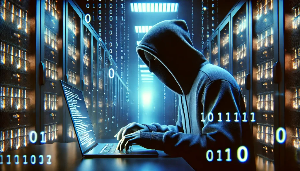 A photorealistic digital landscape, a hacker in a dark hoodie typing on a laptop, neon-lit binary code flowing around, background is a dimly lit server room. The glow of the screen reflects off the hacker’s face, strong shadows, and blue lighting contrasts with the dark surroundings, cinematic lighting, dramatic mood, hd quality