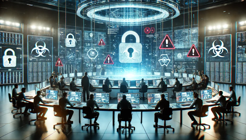 A group of cybersecurity experts in a high-tech control room, surrounded by holographic displays, monitoring a massive cyber-attack, futuristic technology everywhere, intense blue and white lighting, a view of code and red warning symbols on the screens, sharp details, cinematic style, hd quality