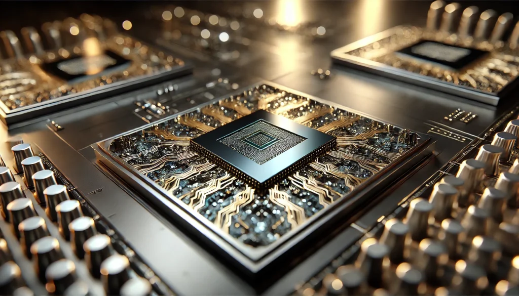 A photorealistic close-up of a quantum processor chip, shimmering circuits in gold and silver, delicate connections between components. Background: darkened lab environment with soft light reflections from metallic surfaces. Sharp focus, cinematic lighting, intricate details