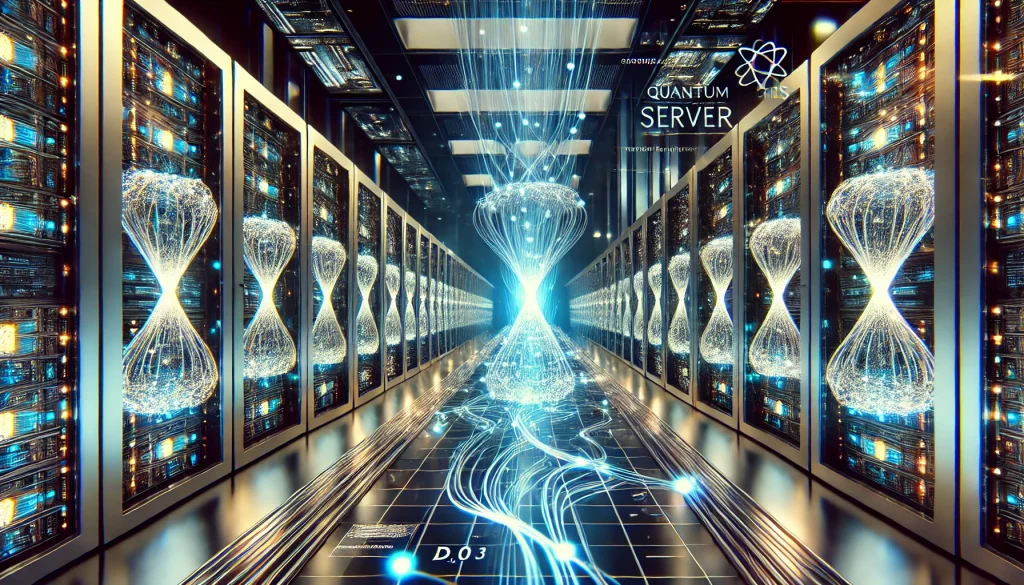 A futuristic quantum server room, endless rows of glowing servers, quantum particles visually represented flowing through cables. Background: sleek black and silver architecture, holographic displays. High-tech atmosphere, neon highlights, dynamic lighting