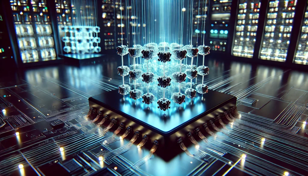 A hyper-realistic visualization of a quantum computer, glowing qubits suspended in air, intricate circuits connecting each qubit, futuristic tech lab setting. Background: dark with neon-blue and green light accents, soft glows illuminating the workspace. High-definition lighting, vibrant contrast