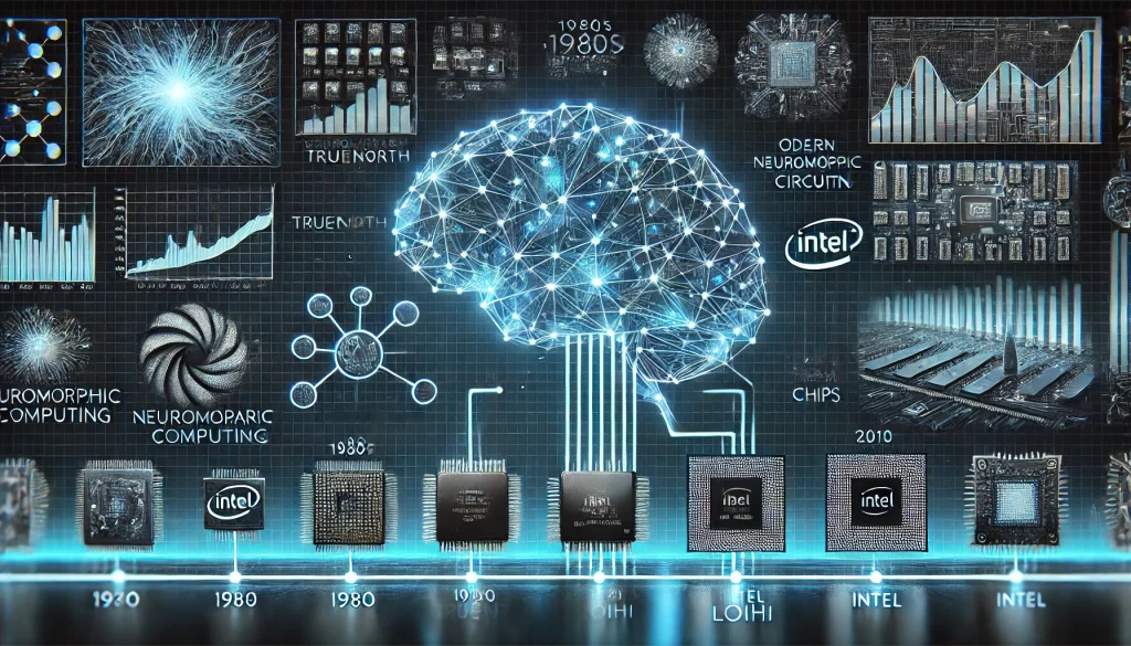 Timeline of neuromorphic computing evolution, showcasing neural networks and key milestones in blue tones