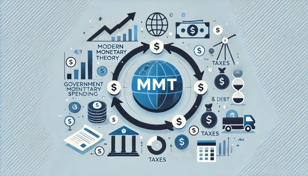 Flowchart illustrating Modern Monetary Theory with arrows showing money circulation, government spending, and taxes