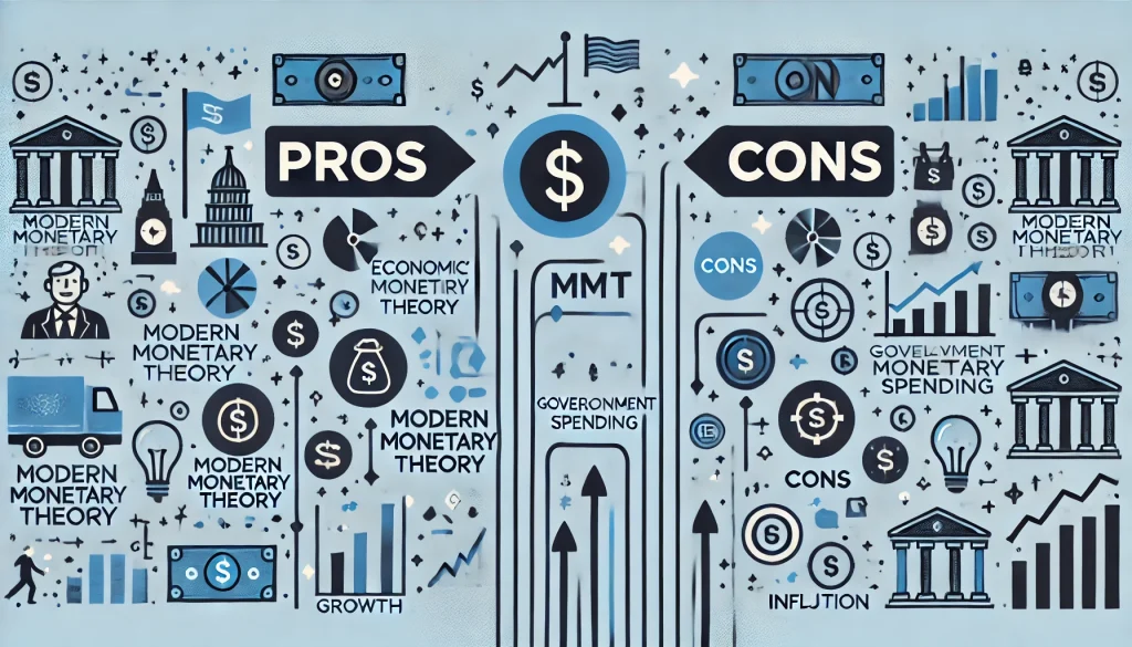 Infographic showing pros and cons of Modern Monetary Theory with icons for growth, inflation, and spending.