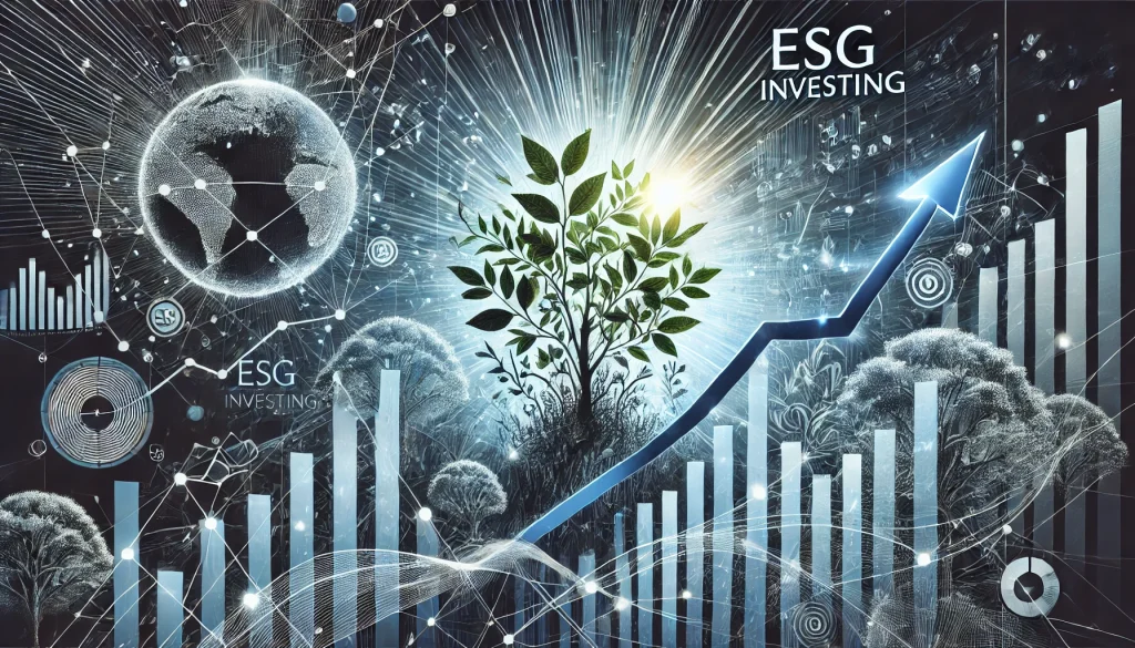 A detailed illustration of an investment portfolio, combining natural growth elements like trees and vines intertwining with financial graphs and charts, representing ESG investing. Light rays illuminate the upward-trending lines, soft ambient light. Created using: mixed media illustration, organic and digital blending, high-contrast shading, financial chart aesthetics, nature-inspired elements, eco-friendly color palette, fine detailing, modern infographic design