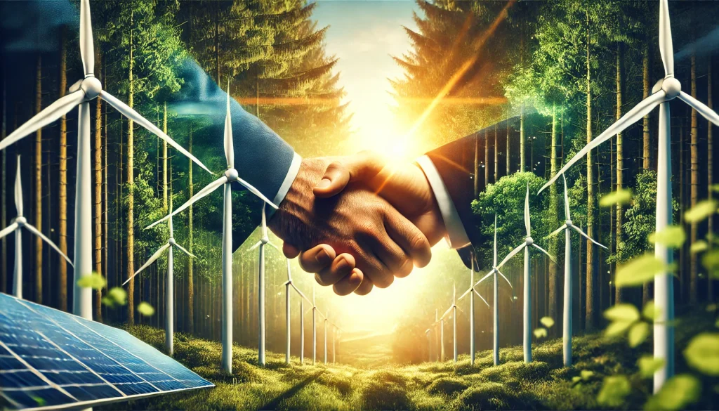 A close-up photograph of a business handshake, with a background of a lush green forest and wind turbines, symbolizing an ESG partnership. Warm sunlight streams through the trees, casting a soft glow on the hands. Created using: macro photography, shallow depth of field, natural lighting, strong focus on environmental backdrop, eco-business collaboration, vibrant greens and yellows, hd quality, warm tones