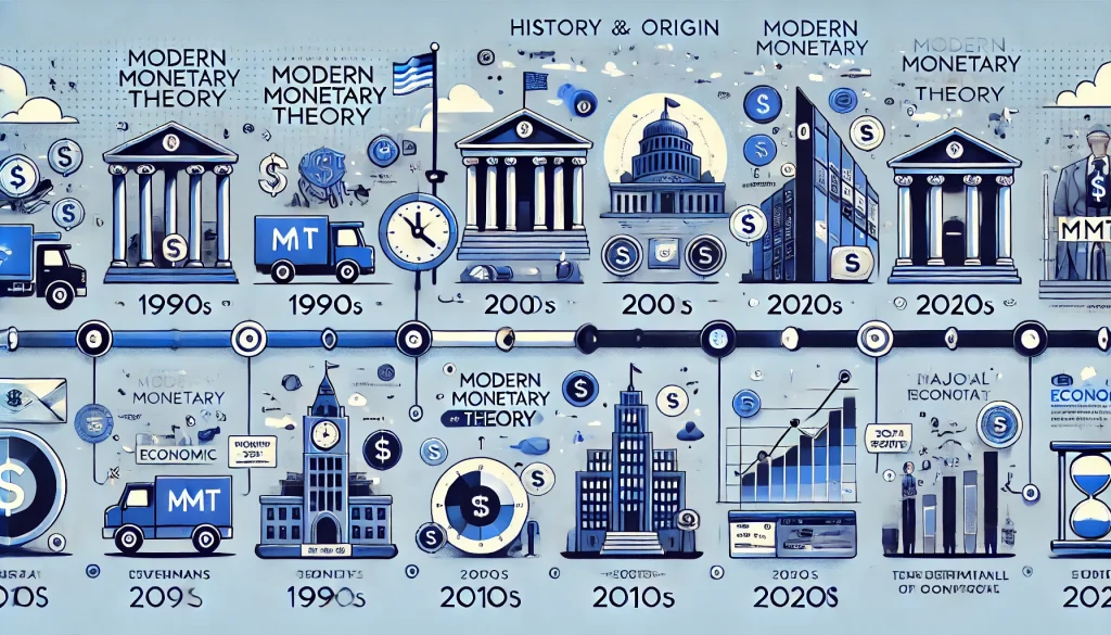 Timeline infographic showing key events in the history of Modern Monetary Theory