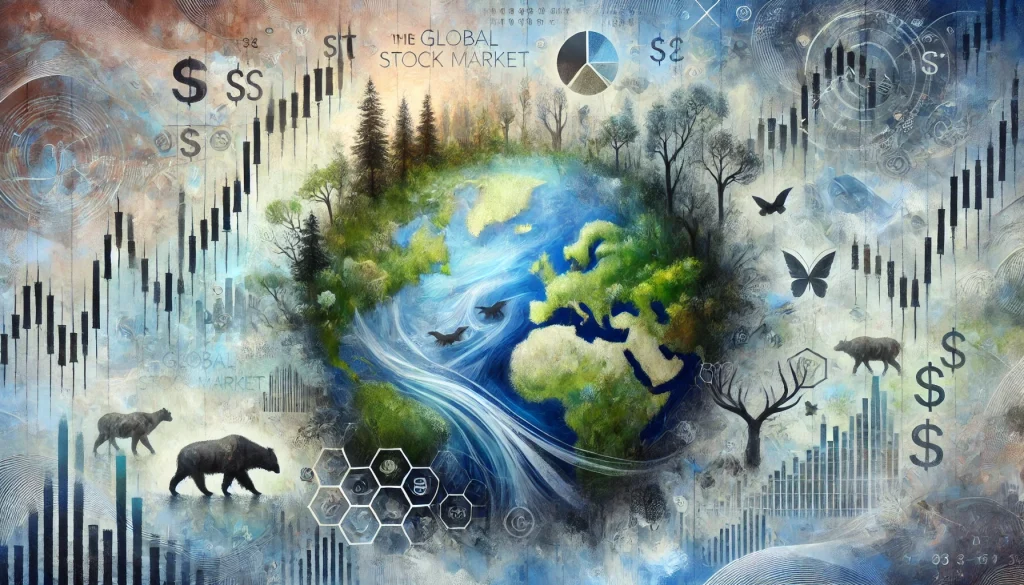 An abstract painting of the global stock market intertwined with natural ecosystems, financial symbols merging with forests, oceans, and wildlife. Soft pastel colors blend harmoniously. Created using: impressionist painting techniques, eco-centric color palette, mixed media, financial and nature symbolism, soft brush strokes, ethereal lighting, ecological balance, artistic representation of sustainability