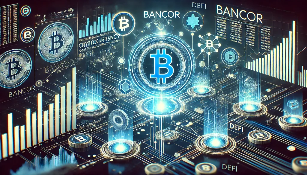 Visual of Bancor in DeFi with interconnected tokens, blue and black digital network